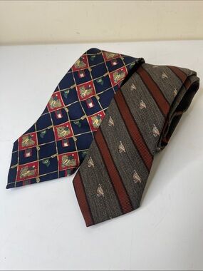 Lot of 2 Vintage Tommy Hilfiger & Briar Navy Crest Tie and Brown Striped Tie Set